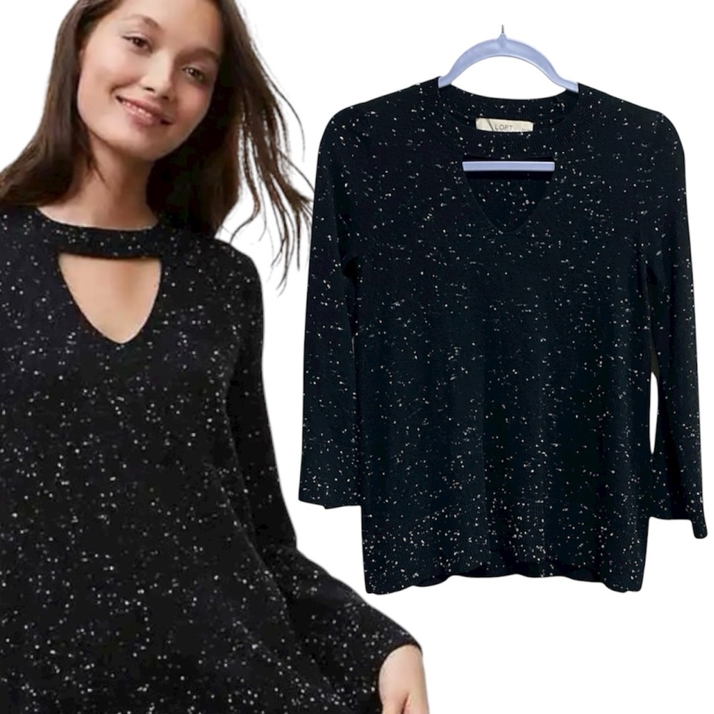 LOFT Petite‎ Black Speckled Knit Sweater with Keyhole Cutout XXSP (Fits 2–4)